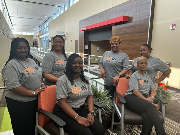 The DIP-IN Eskenazi CHW Team (from left to right): Phyllis Morgan, Malia Hughes, Quedawnta Clemons, LaTanya Jefferson, Toni Humphrey-Harris, and Dasia Andrews