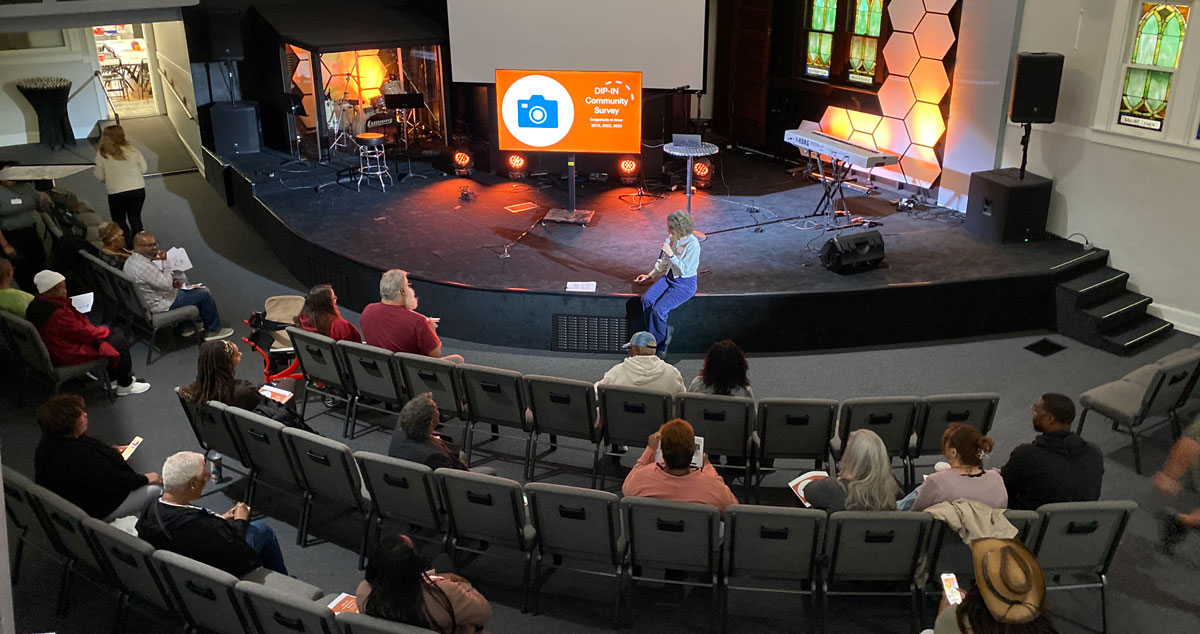 DIP-IN evaluation lead, Tess Weathers, guides a discussion about the DIP-IN community survey results